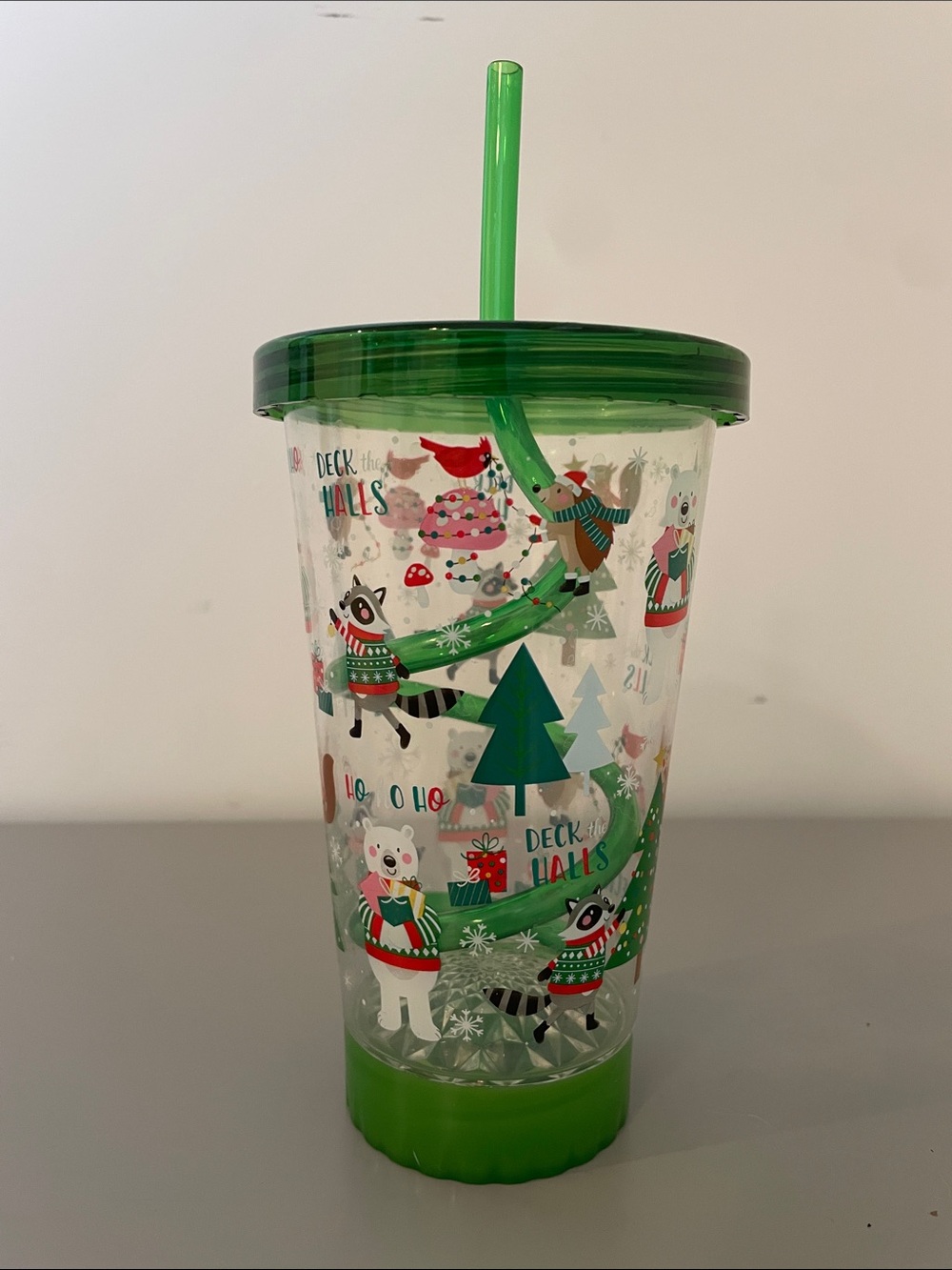 Light-Up Holiday Spiral Tumbler Cup with Green Lid & Straw